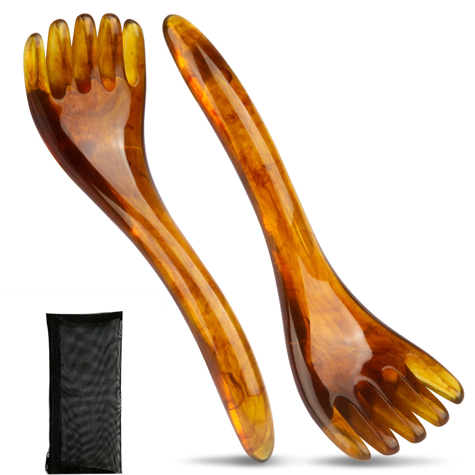 Scalp Massage Tools, 2-Pieces Head Scratcher Massager Whisk, Gift for Mother, Sister,Kids and Lover, Portable Resin SPA Tools with a Black Zippered Bag(Amber)