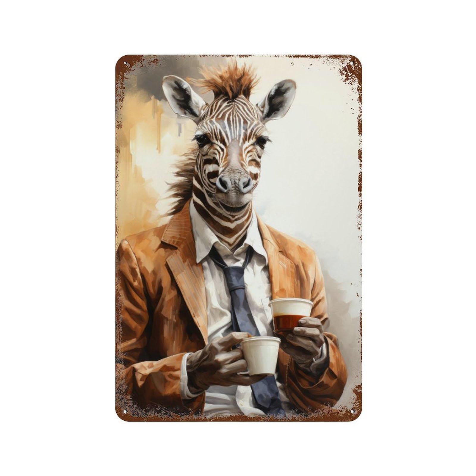 Zebra in Suit Holding Coffee Cup Rusty Metal Tin Sign 11.8"x7.9", Vintage Wall Decor for Garage, Pub Or Kitchen