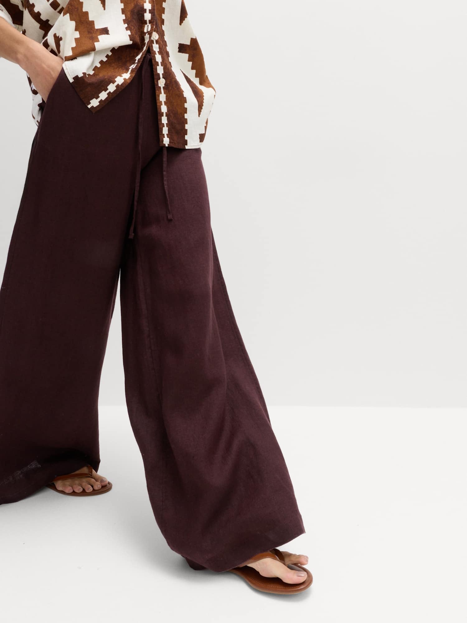 Marks & Spencer Pantalon Palazzo Jambes Larges Femme en Pur Lin, Taille à Cordon, avec Poches