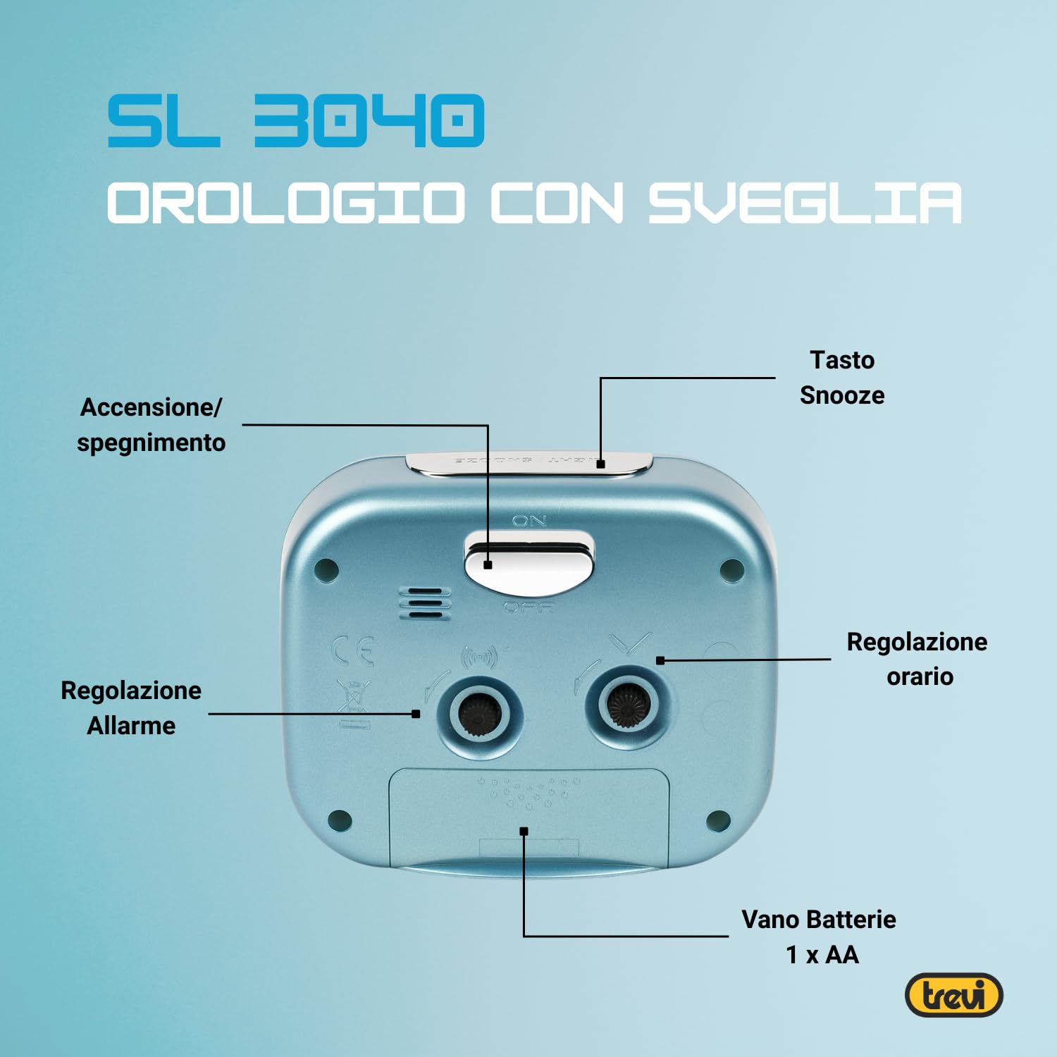 Trevi SL 3040 Sveglia Analogica Silenziosa con Retroilluminazione LED e Ampio Quadrante, Movimento SWEEP Senza Ticchettio, Funzione Snooze, Funzionamento con Batteria Stilo AA, Facile Utilizzo, Blu