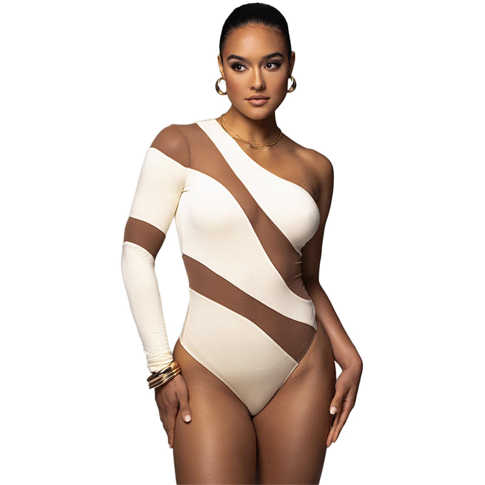 oringnat Appeal Sheer Mesh Bodysuit Stretchy Long Sleeve Cutout Romper for Parties and Clubs