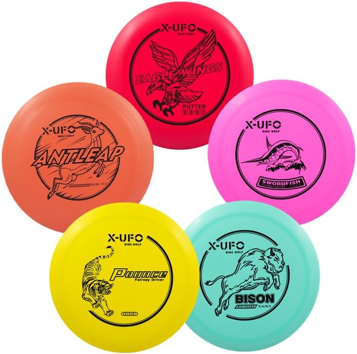 X-UFO Disc Golf Set - Beginner Disc Golf Set 5 Pack with Putter,Driver,Mid-Range,Mini Discs,157-175g (Multicolored)