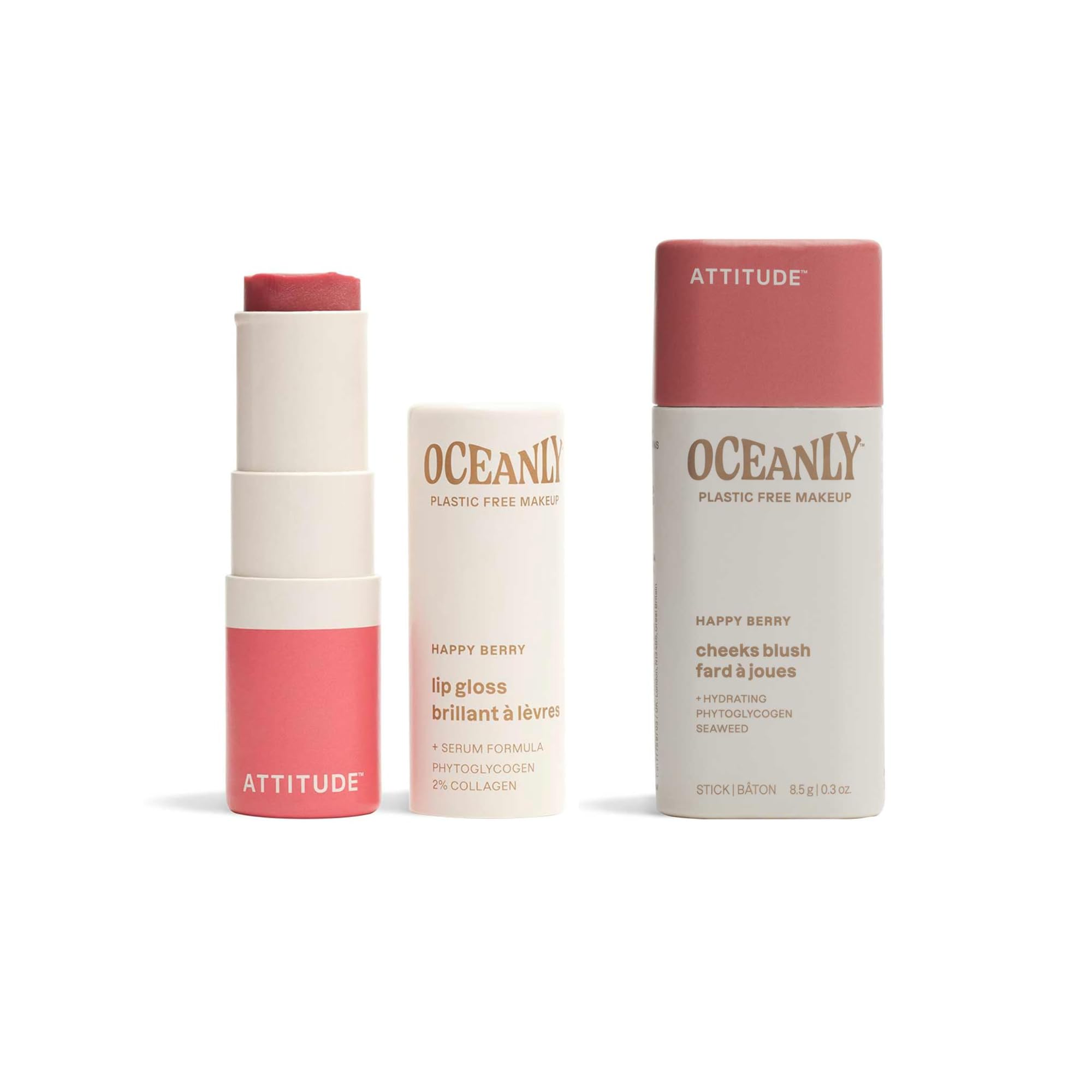 Bundle of ATTITUDE Oceanly Sheer Lip Gloss Titanium Dioxide-Free EWG Verified Plastic-Free Vegan Cruelty-free Makeup Happy Berry 0