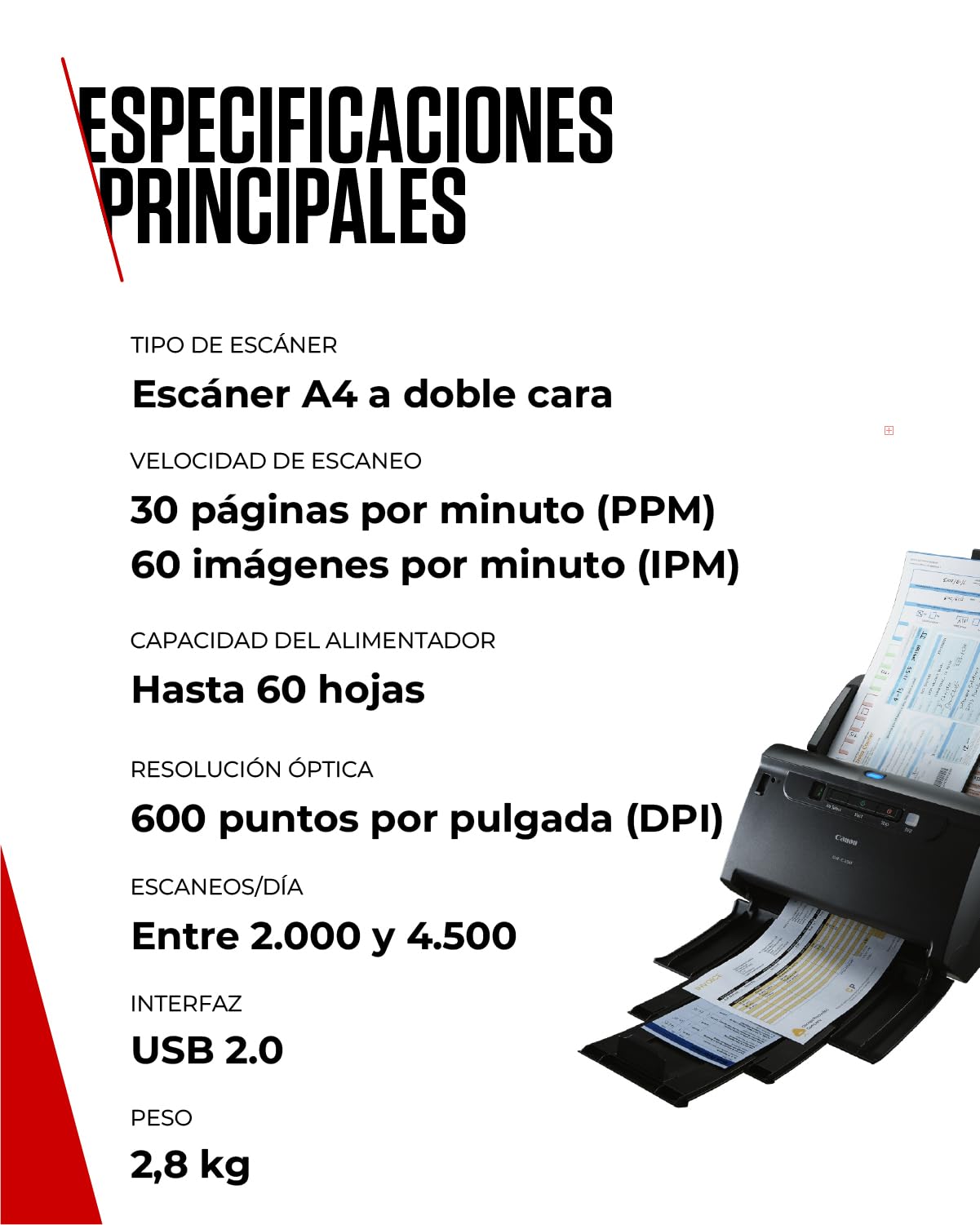 Canon imageFORMULA DR-C230 Escáner de Documentos | Escaneo a Doble Cara con USB en hogar y Oficina | Alimentador automático de 60 Hojas | hasta 30 pág por min | Incluye Software Canon CaptureOnTouch