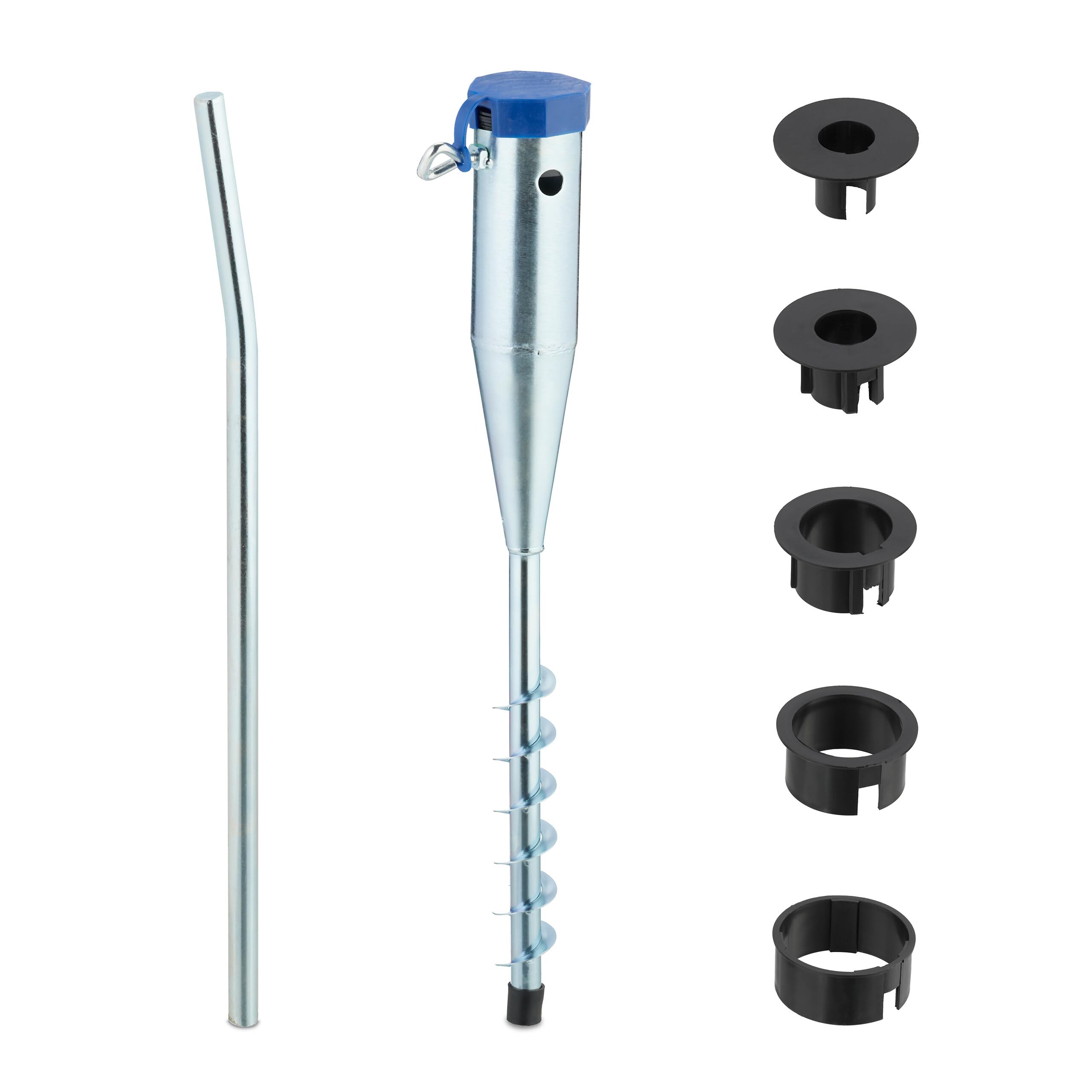 Relaxdays Bodenhülse, Sonnenschirm & Wäschespinne, 25-55 mm Stangendicke, zum Eindrehen, Stahl Rasendorn, silber/blau