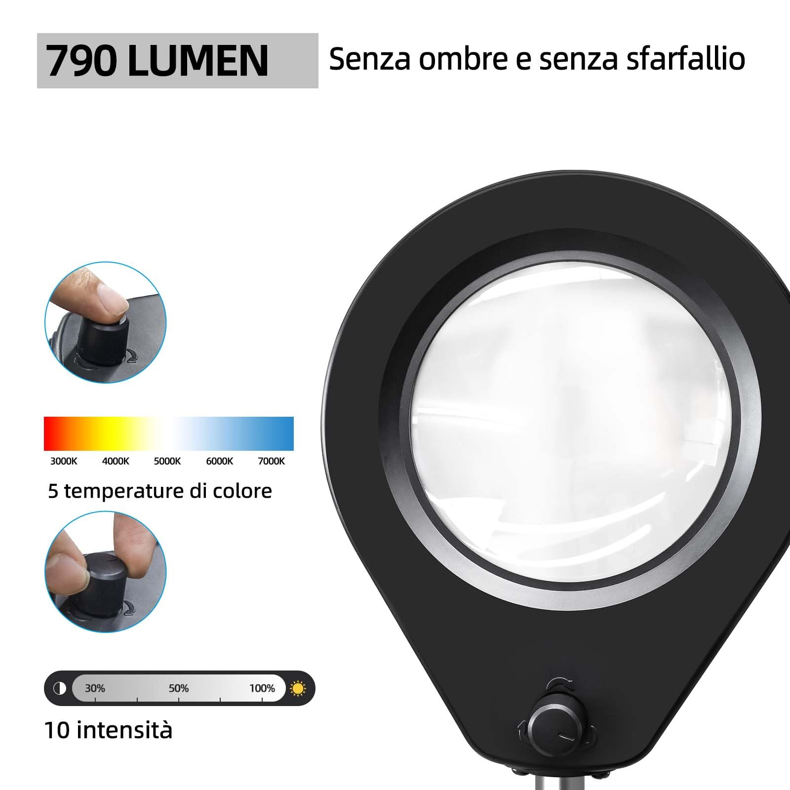 Lampada d'ingrandimento con lente da 5 diottrie, morsetto in acciaio da 6,4 cm, LED dimmerabili, braccio girevole da 90 cm, design comfort ottimale per estetisti, hobbisti e artigiani