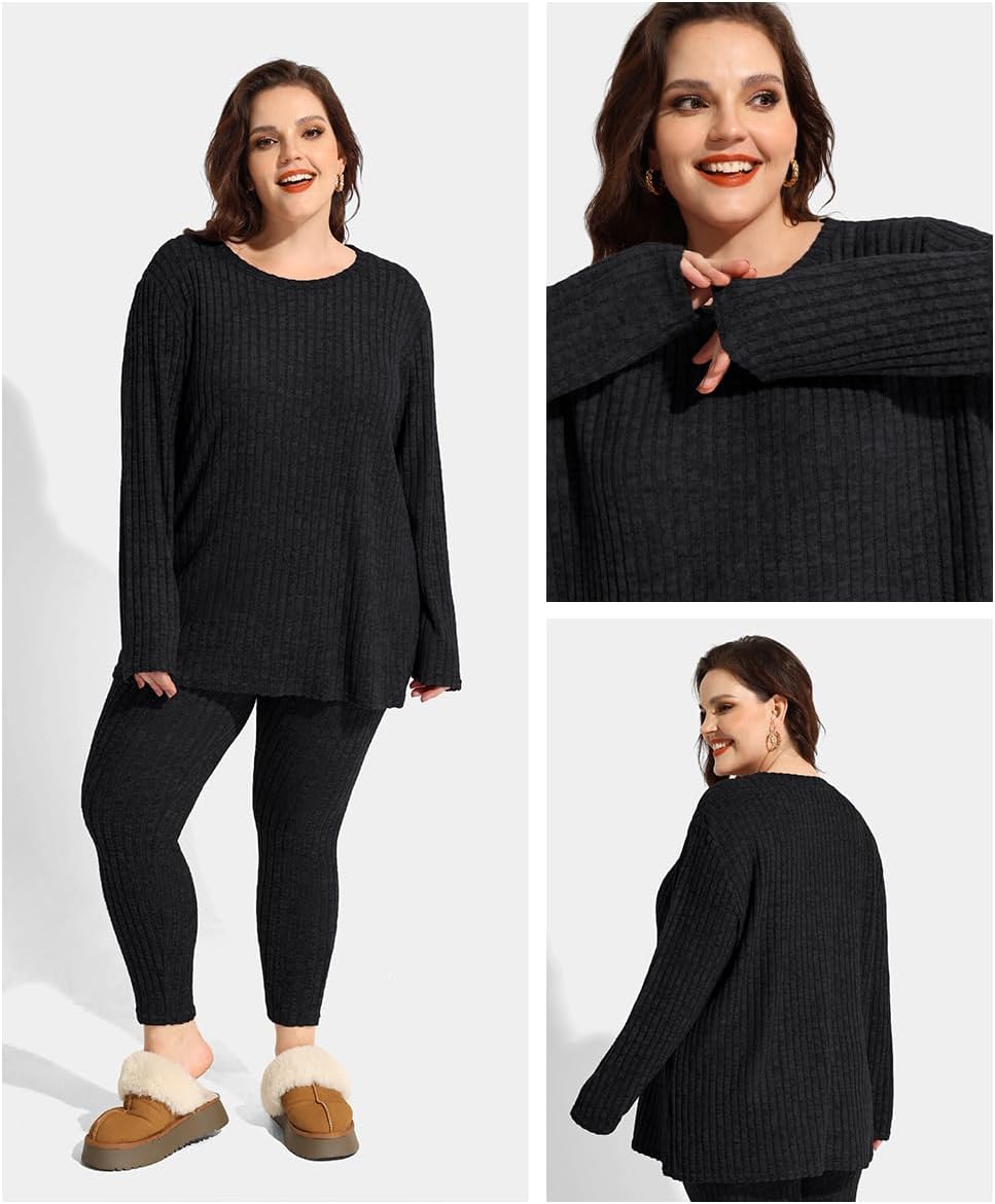 RITERA Plus Size Lounge Sets for Women 2 Piece Outfits Knit Long Sleeve Fall Pullover Tops Jogger Pant Pajama Set XL-5XL - Image 5