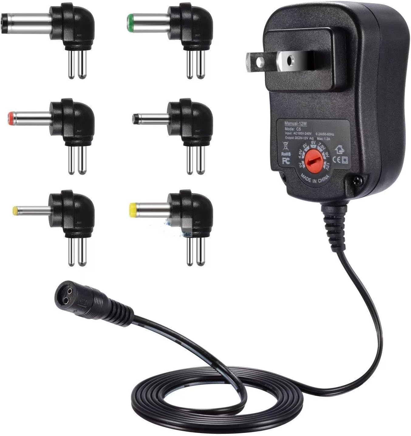 12W Universal Multi Voltage AC/DC Adapter Switching Power Supply with 6 Selectable Adapter Plugs, Suitable for 3 V to 12 V Device