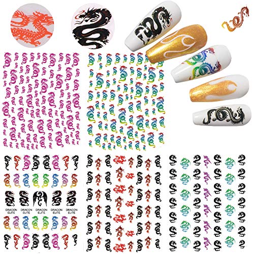 Nail Art Stickers Dragon Design, 5 Sheets 3D Self-Adhesive Dragon Nail Art Decals, DIY Manicure Tattoos for Fingernails, Acrylic Nails Colorful Waterproof Ultra Thin Nail Decorations
