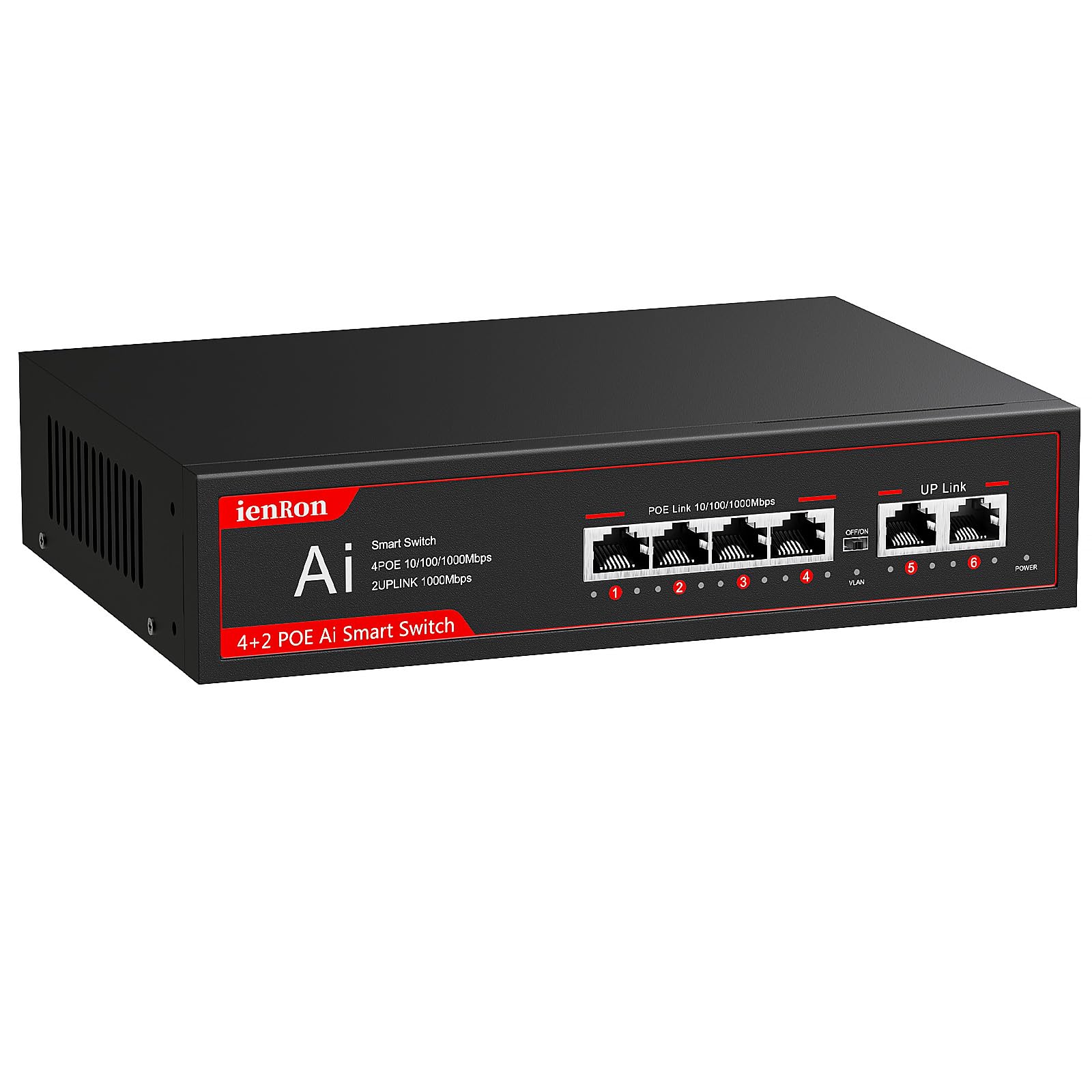 ienRon 6 Ports PoE Switch, 4 Ports Gigabit PoE Switch with 2 Uplink Gigabit Ports, Plug and Play with AI Detection VLAN Mode Unmanaged Ethernet