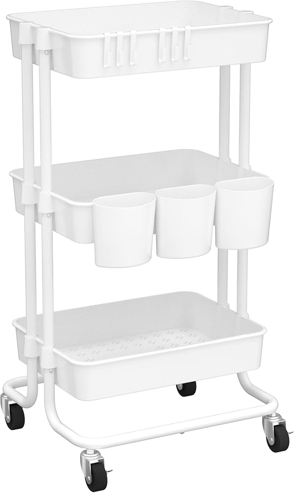 CAXXA 3-Tier Rolling Storage Organizer with 3 Small Baskets - Mobile Utility Cart with Caster Wheels (White)