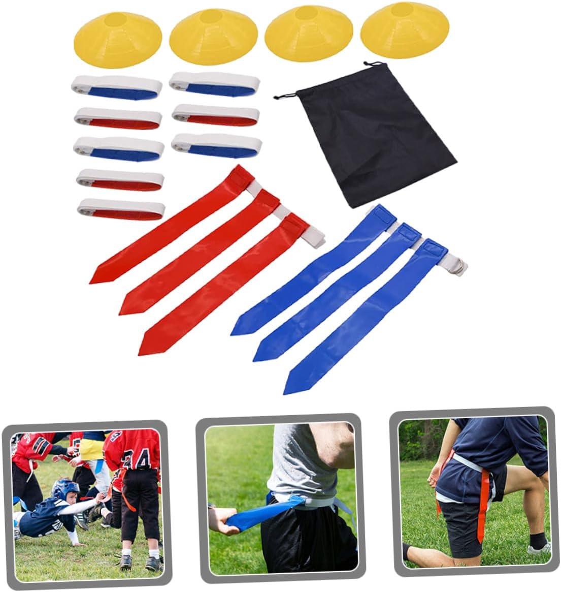 TOYANDONA Flag Football Belt Set Adjustable Waist Flags 10 White Belts 4 Marker Cones Black Drawstring Bag for Youth Team Sports Training and Games