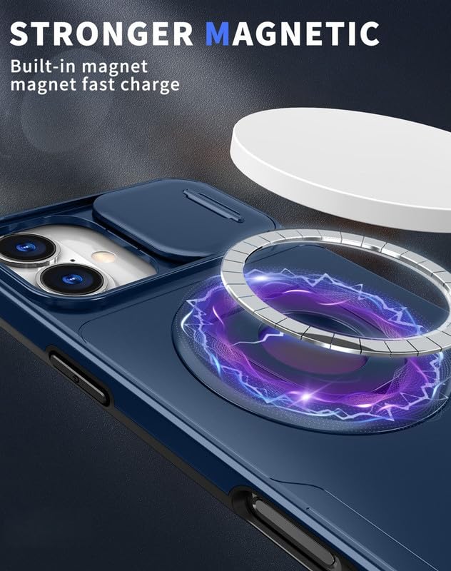 Image of LuxuryKase MagSafe Shockproof Rugged Back Case for iPhone 17 | Finger Ring Kickstand & Sliding Camera Cover | Military Drop Protection | Wireless Charging Support - Blue