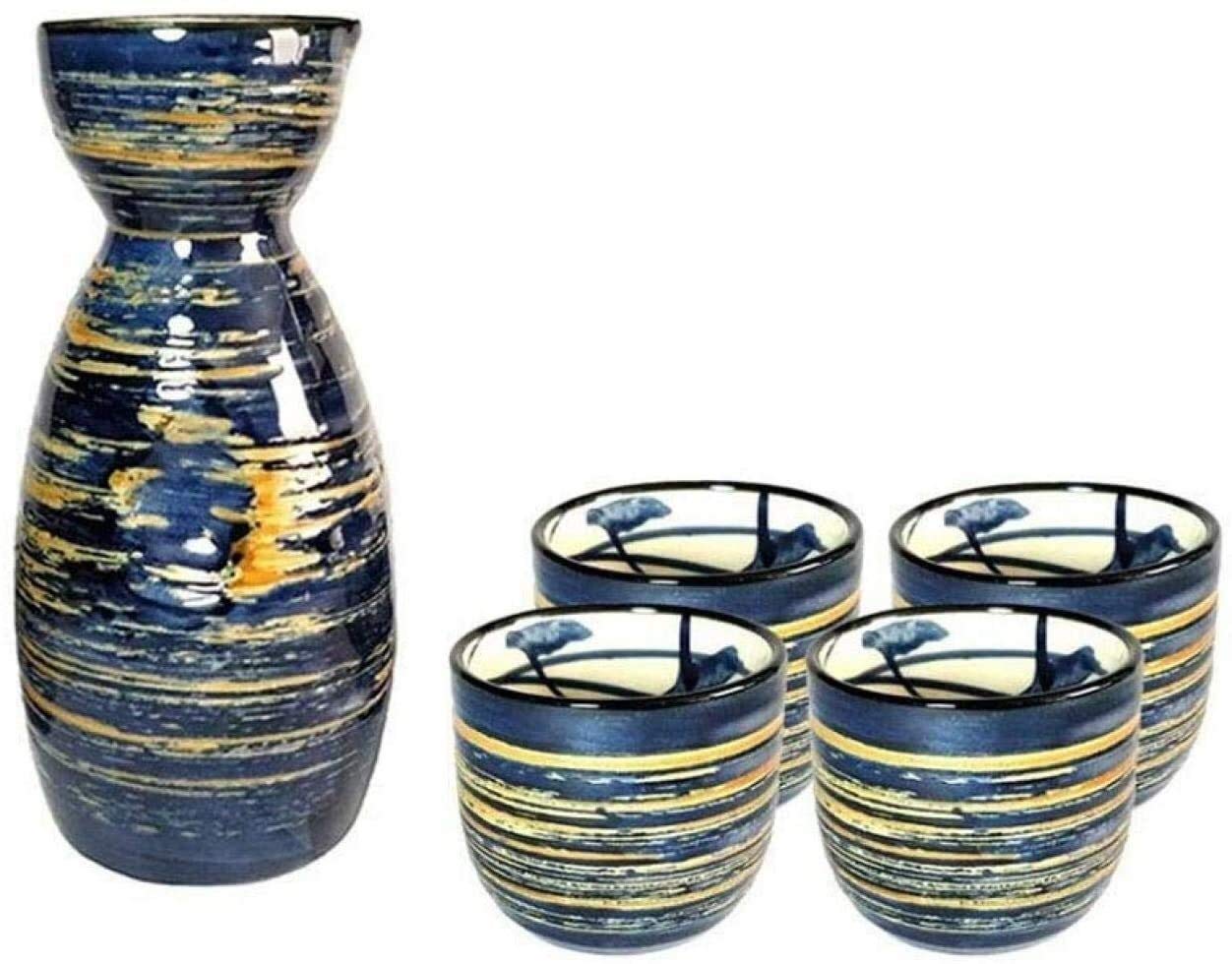 Juego de sake japonés tradicional pintado a mano en cerámica azul de porcelana fina