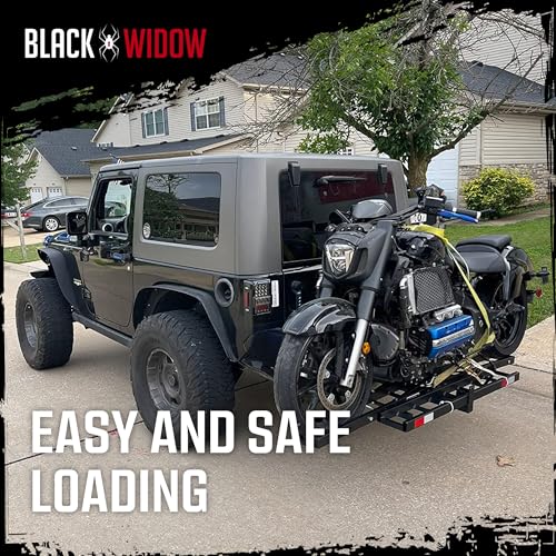 Image of Black Widow Steel Motorcycle Carrier with Ramp for 2-Inch Receiver, 500 lb Capacity - Hitch-Mounted Dirt Bike and Scooter Hauler with Grit-Coated Track and Anti-Rattle Device for SUVs and Trucks