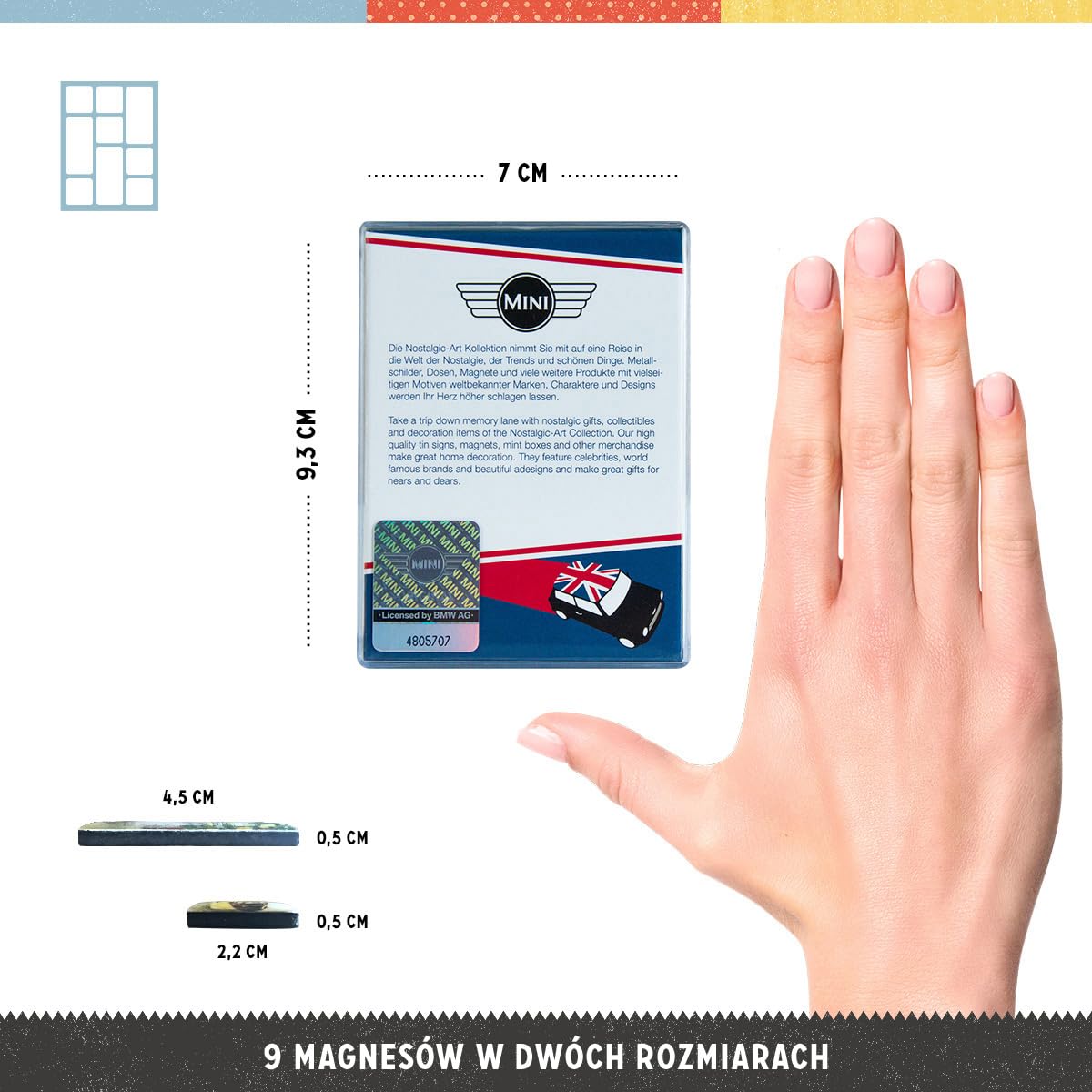 Nostalgic-Art Retro magnesy na lodówkę, 9 sztuk, Mini – Union Jack – Pomysł na prezent dla miłośników Mini Coopera, Official License Product (OLP), zestaw magnesów, Styl vintage