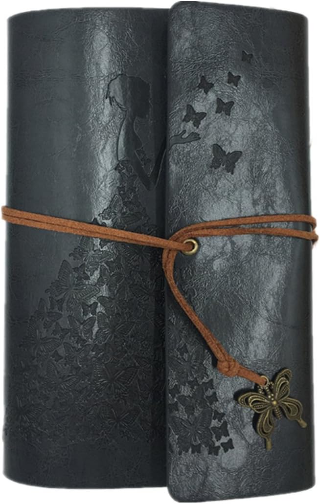 2017 Vintage Butterfly and The Princess Leather Notebook Writing Books Journal Diary PU Cover Ring Binder for Men Women A6(Grey)