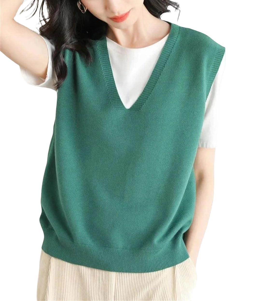 Womens Loose V-Neck Knitted Vest Short Sleeveless Overalls Shoulder Bared Tank Top Solid Pullover Winter