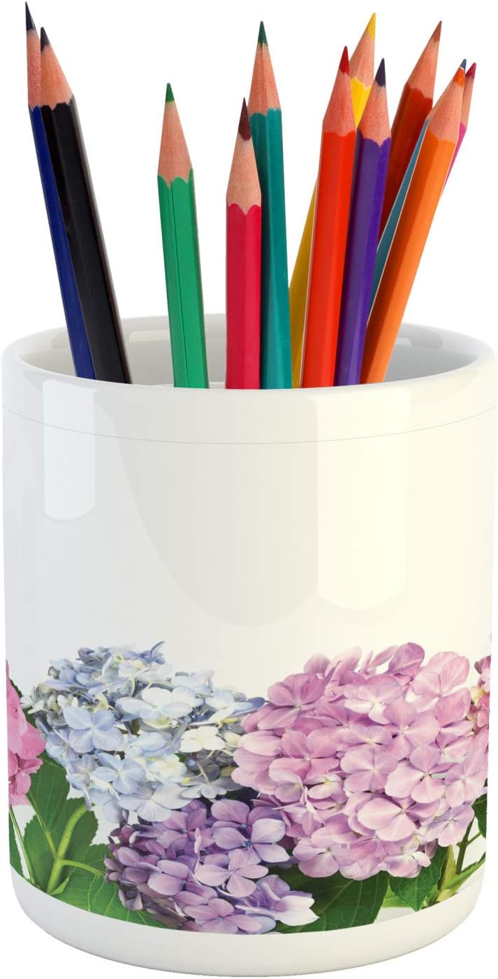 Lunarable Pink Purple Pencil Pen Holder, Spring Season Hydrangea Flowers in Colorful Design on Plain Backdrop, Ceramic Pencil Holder for Desk Office Accessory, 3.6 X 3.2, White and Multicolor