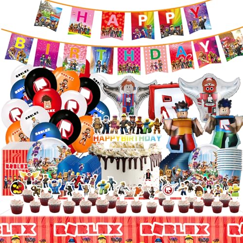 Roblx Birthday Decorations 119pcs Roblx Party Decorations Gamer Party Decorations Birthday Party Supplies Balloons Tableware Set Cake Toppers Balloons Cupcake Toppers Invitation Card Plates Cups