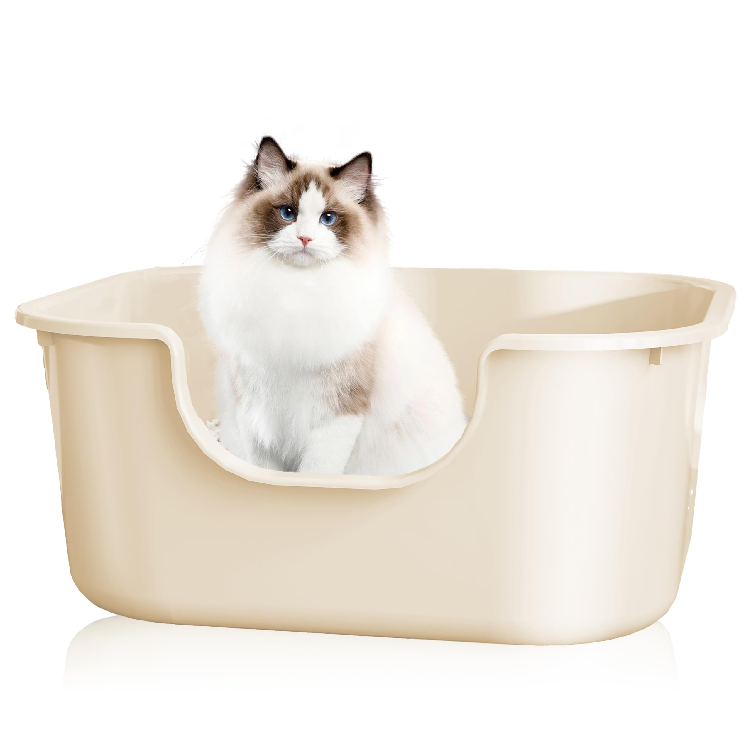 Pawsayes High Sided Cat Litter Tray Large Open Top Litter Box Deep Wall and Low Entry Splash Proof Kitty Litter Box for All Ages Cats (Khaki)