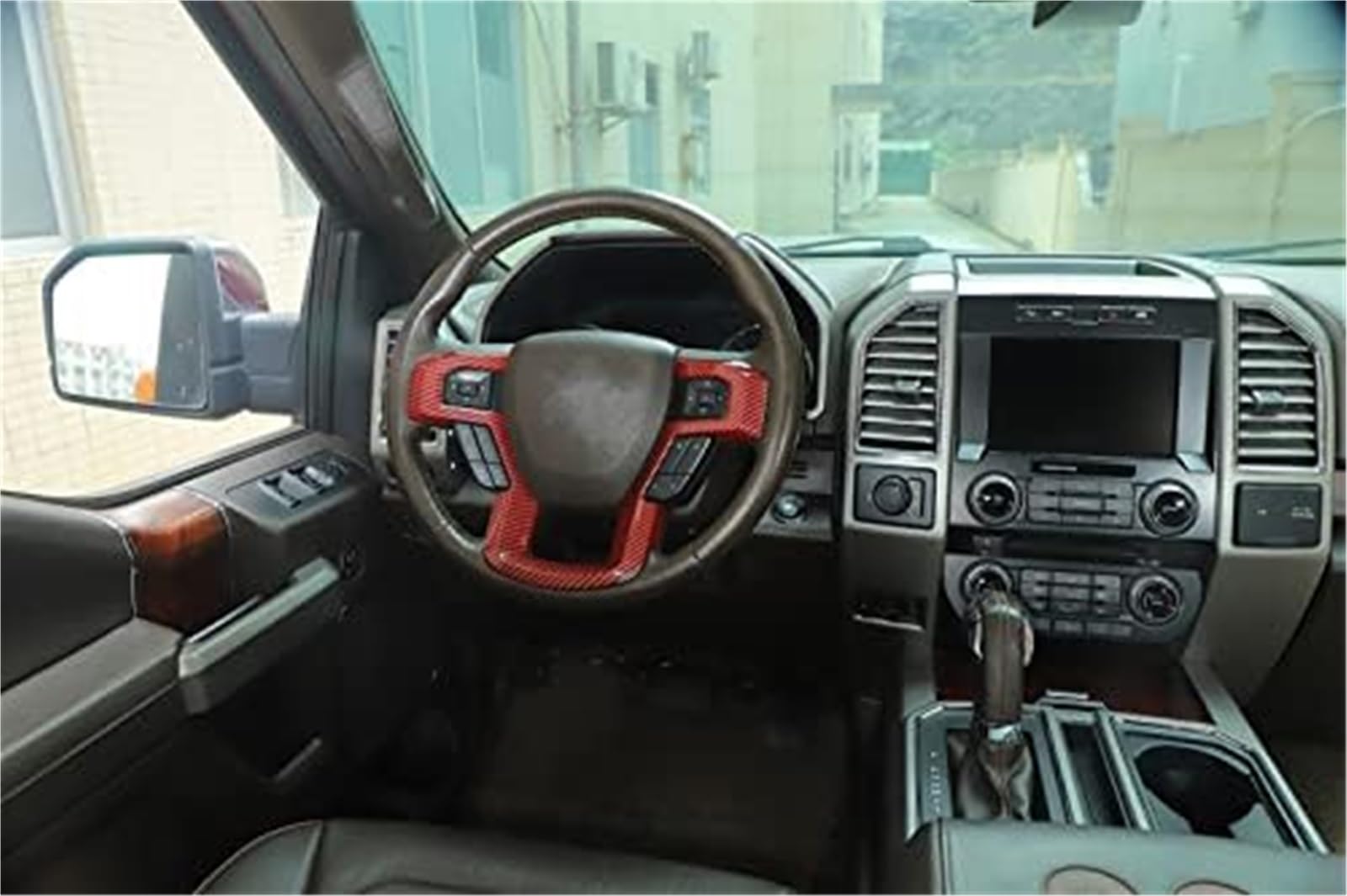 Dla Wittsy dekoracja panelu kierownicy samochodu pokrywa tapicerka naklejka, D, dla F150 2015 2016 2017 2018 2019 2020 Osłona emblematu na kierownicę, środkowa część wnętrza samochodu(Rot)