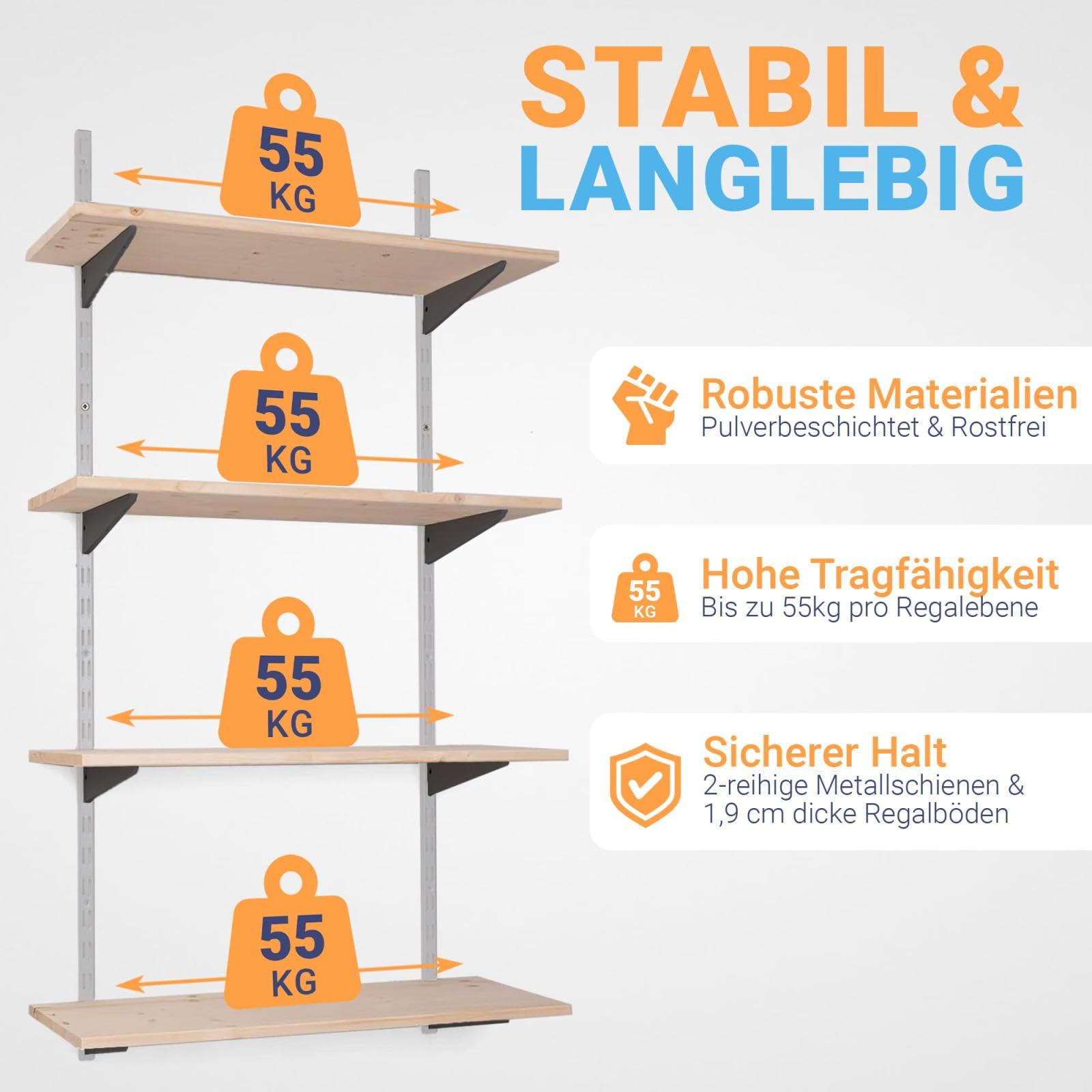 Wandregal Metall mit Boden · Regal in 50 Varianten · Höhe: 100 cm · 4 Ebenen in 80 x 25 cm (B x T) · Farbe: weiß/schwarz · Wandschienen Regalsystem · Regalträger Schienensystem
