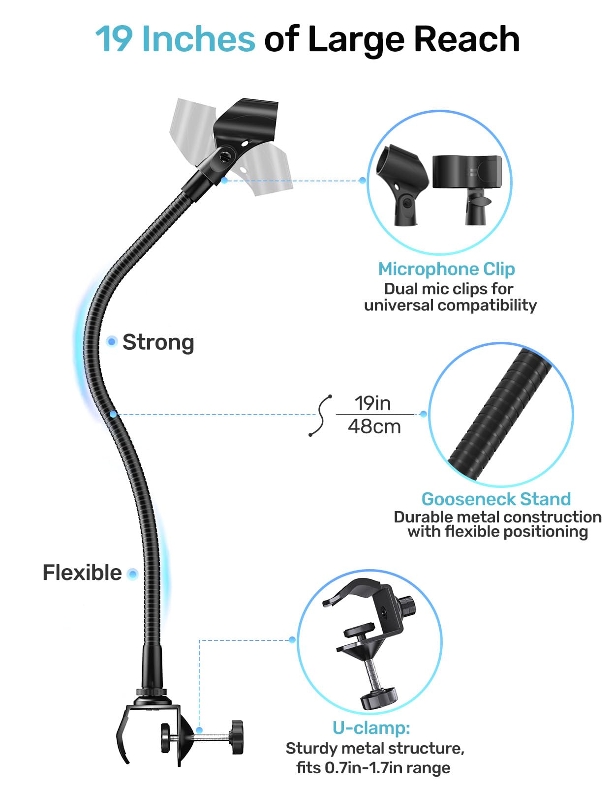 Support de microphone col de cygne de 48,3 cm, bras réglable à 360° avec 2 supports de micro, pince de serrage robuste et adaptateurs à vis de 5/8"-3/8" et 5/8"-1/4", idéal pour podcasting