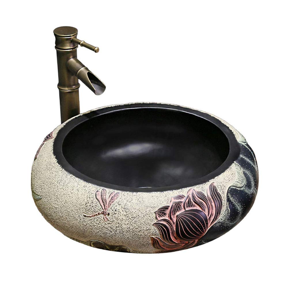 Gljtuo Above Counter Round Vessel Sink Artistic Ceramic Washbasin Bathroom Sink Lavatory Vanity Bowl Basin
