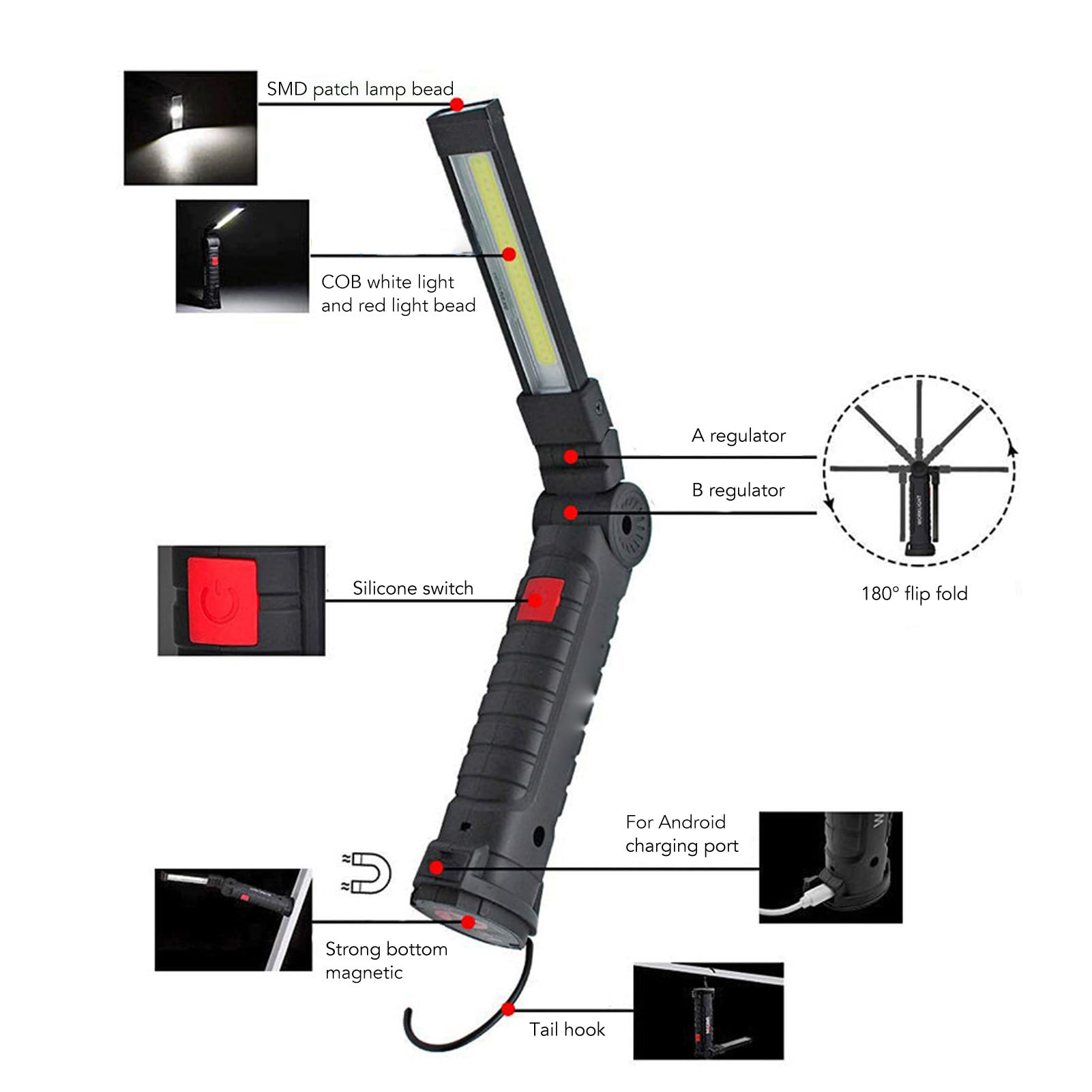 Rechargeable Work Light, 2PCS Inspection Mechanic Light USB Rechargeable Cob Light with Magnetic Base Folding Flashlight
