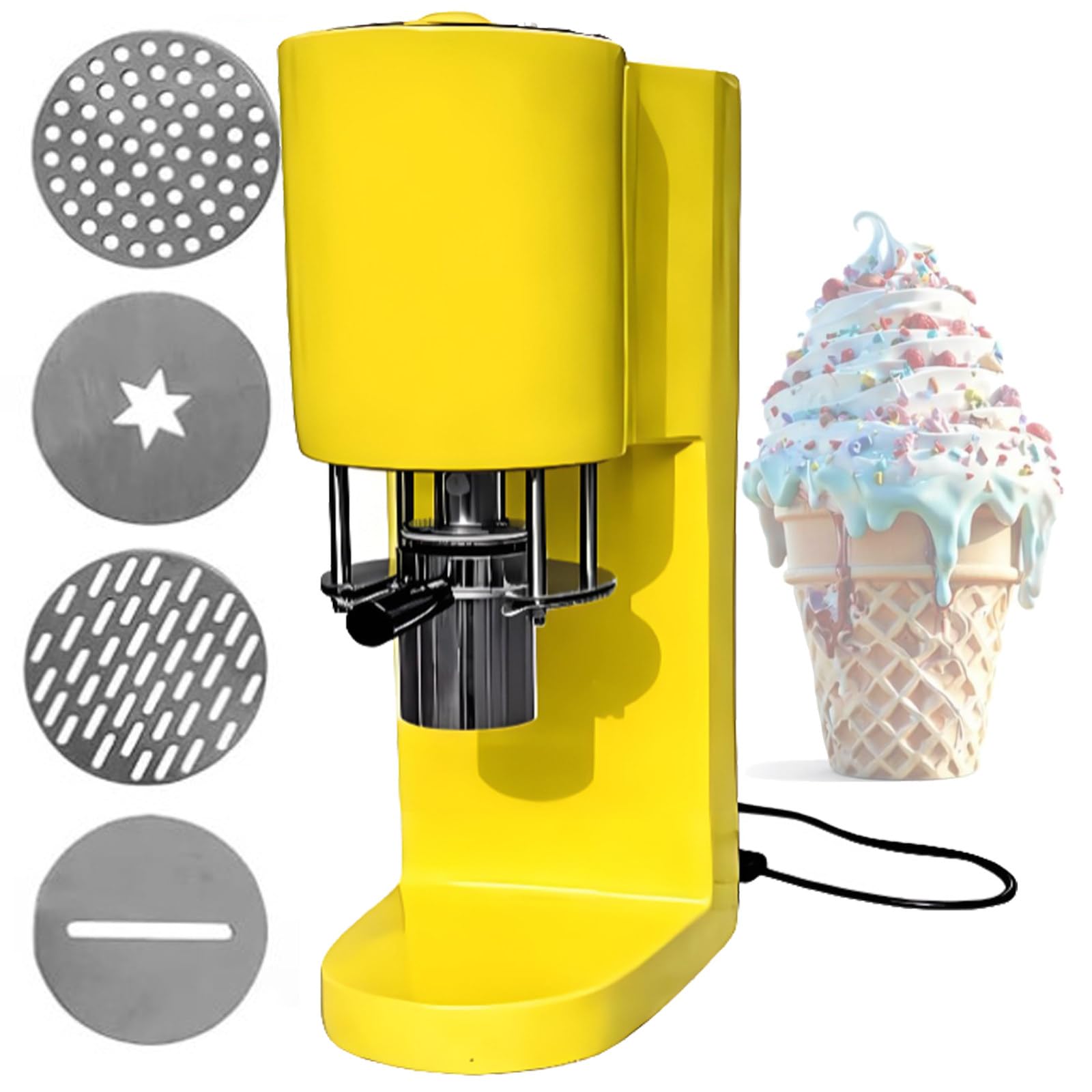 DOZPAL Professional Ice Cream Noodle Extruder Kit - Spaghetti Ice Cream Maker Commercial Spaghetti Ice Cream Press with 4 Interchangeable Molds, 28-30 L/h Output Yellow