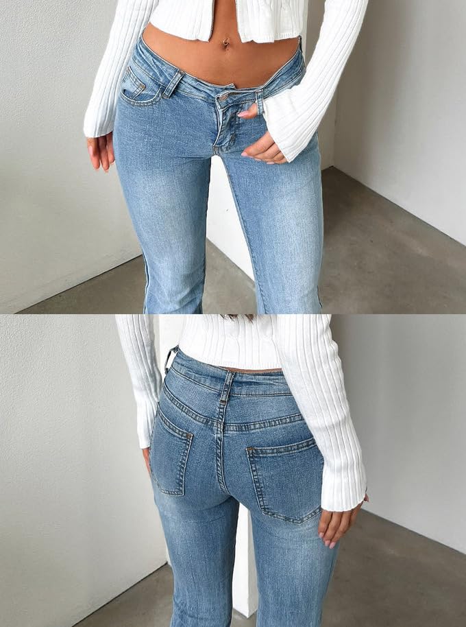 Image of Women's Stretch Low Rise Double Button Elastic Skinny Vintage Flare Jeans