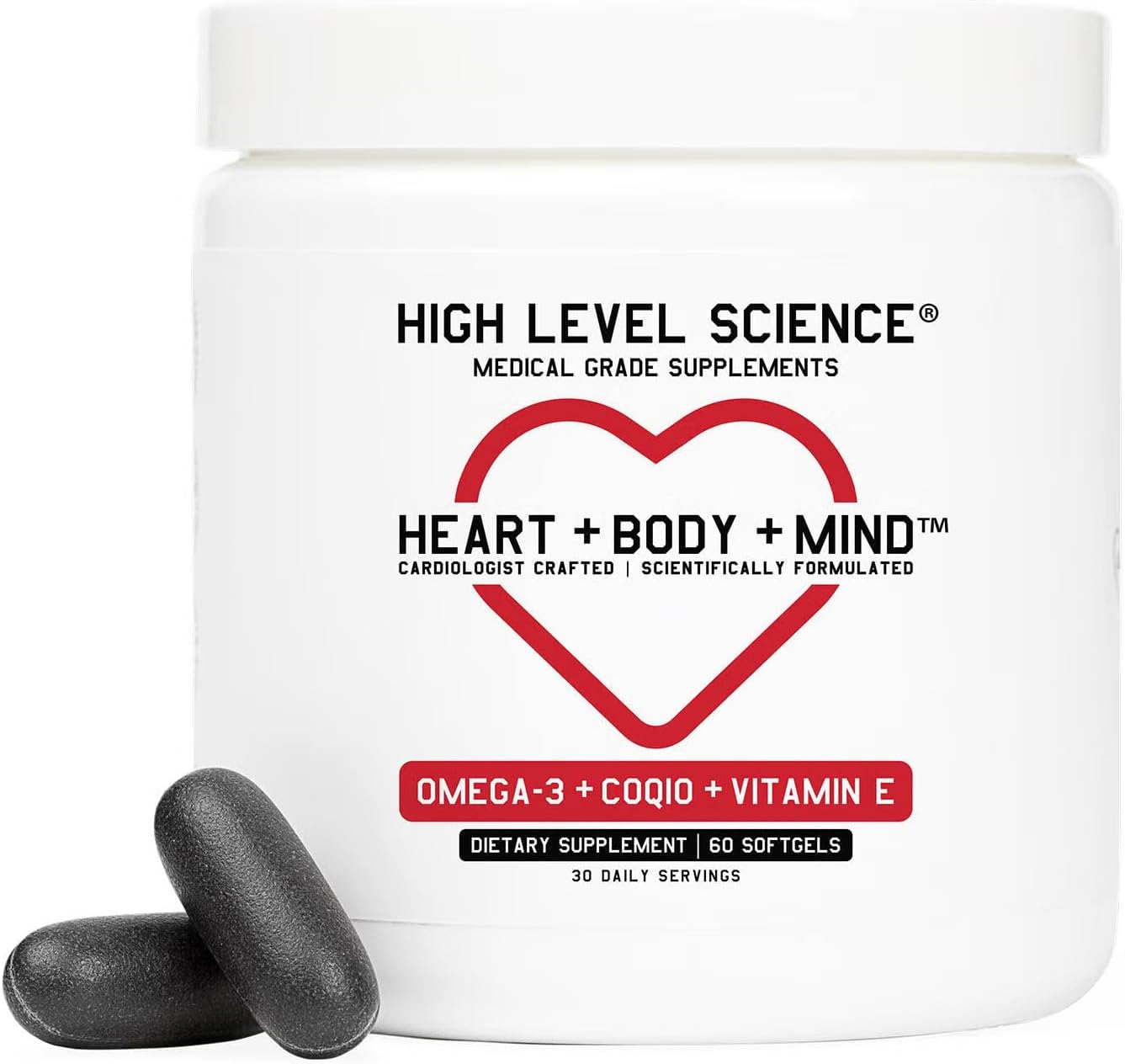 High Level Science CoQ10, Omega-3, Vitamin E - Cardiologist Formulated for Heart + Body + Mind Health with DHA/EPA, Antioxidant for Energy, Superior Bioavailable Fish Oil - Gluten Free