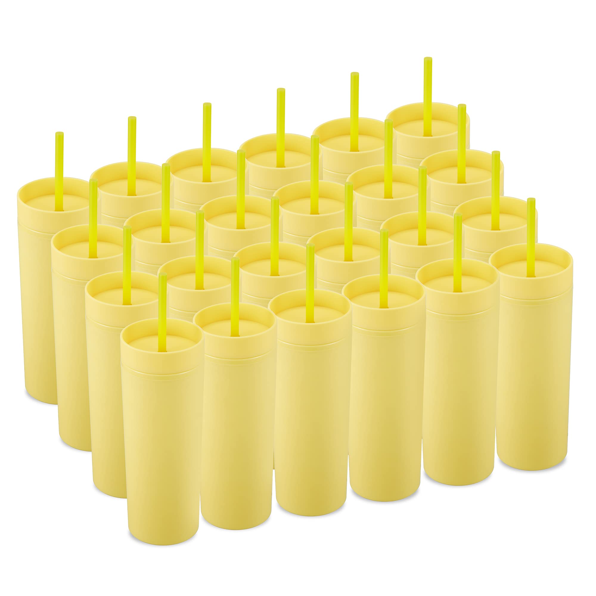 MEWAY 20oz Skinny Tumblers 24 Pack Double Wall Tumbler with Lid and Straw,Matte Pastel Colored Reusable Plastic Cups With Straw for Parties, Birthdays,Customization DIY Gifts(Yellow,Set of 24)