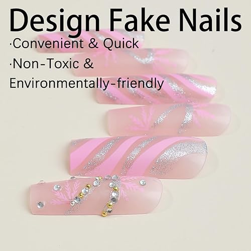 Miniatura 3 de Uñas postizas extralargas cuadradas con forma de tubo, uñas acrílicas rosas con purpurina y líneas blancas y diamantes de imitación, diseños de