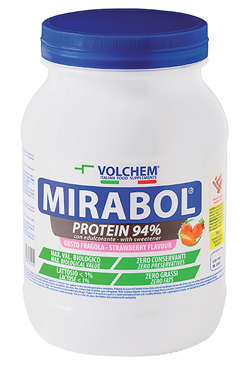 Volchem Mirabol Protein 94, Integratore Alimentare con Proteine dell'Uovo e del Latte, Senza Grassi Idrogenati e Conservanti, Barattolo con Polvere Solubile, Gusto Fragola, 750 g