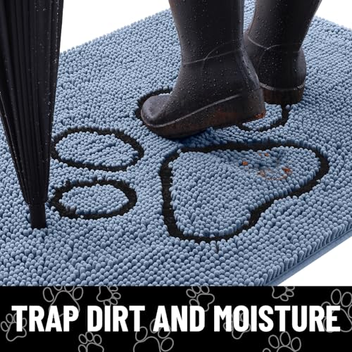 Image of Smiry Dog Door Mat for Muddy Paws, Absorbent Dirt Trapper Non Slip Quick Dry Washable Chenille Mat for Mud Dogs, Entry Rug for Indoor and Outdoor (48x30 Inches, Airy Blue and Black)