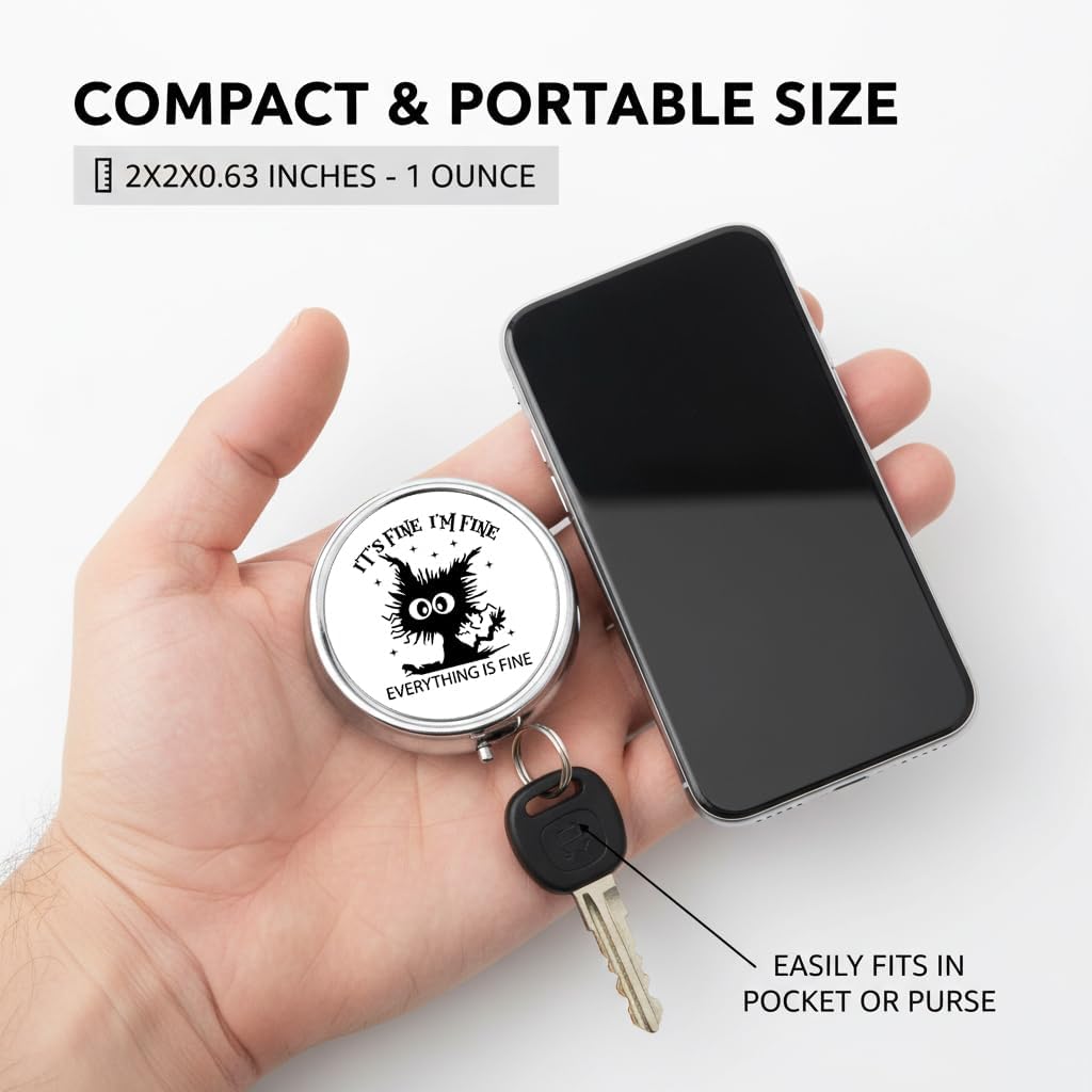 I'm Fine Cat Pill Box 3 Compartment Small Pill Case,Portable for Pocket or Purse Pill Organizer Pill Container Holder with Mirror to Hold Vitamins, Medication, Fish Oil and Supplements