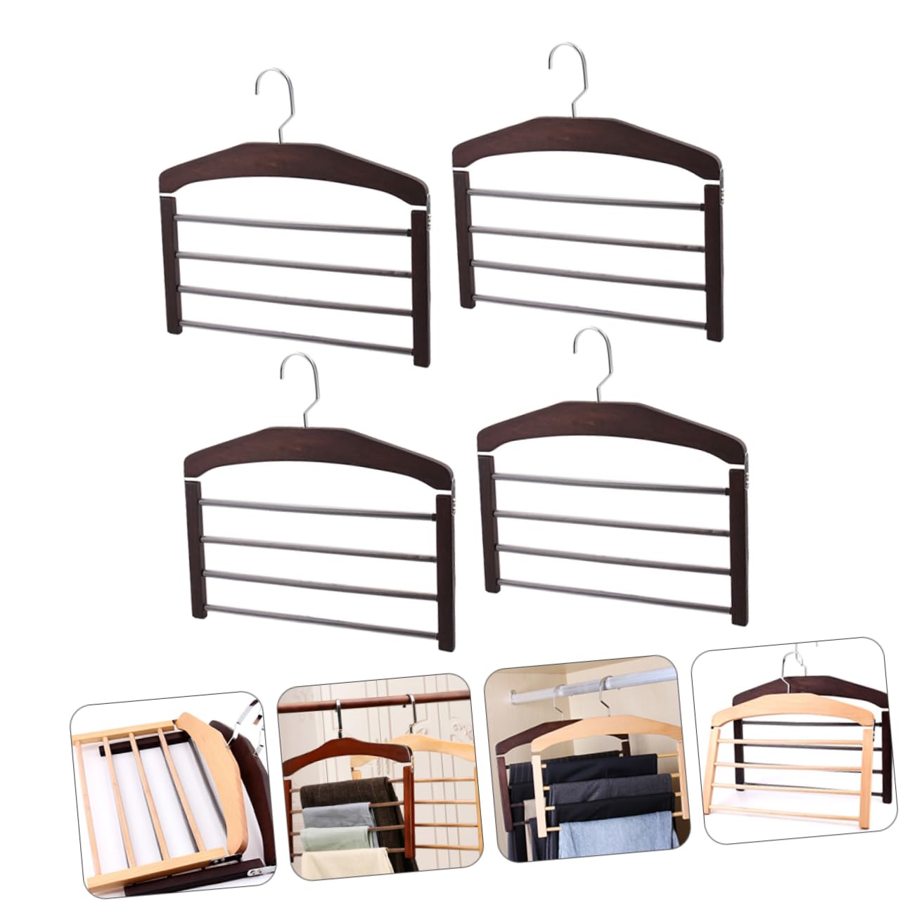 ULTECHNOVO 4 Piezas Perchas de Madera Multifuncionales Antideslizantes para Pantalones y Ropa Multi Plegables para Secado y Organización Ganchos Giratorios Flexibles para Armario