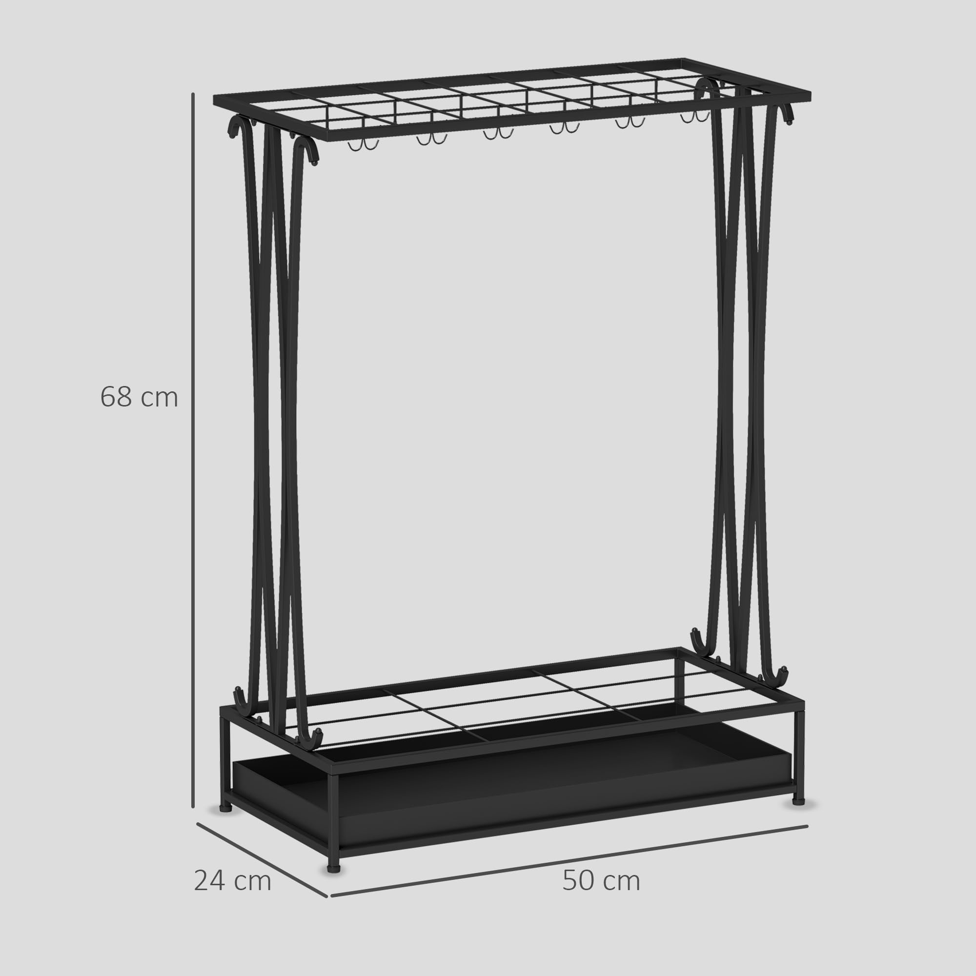 HOMCOM Paragüero Moderno Rectangular Soporte Paraguas Acero 24 Ganchos 21 Espacios Bandeja Recogegotas Extraíble 50x24x68 cm Negro