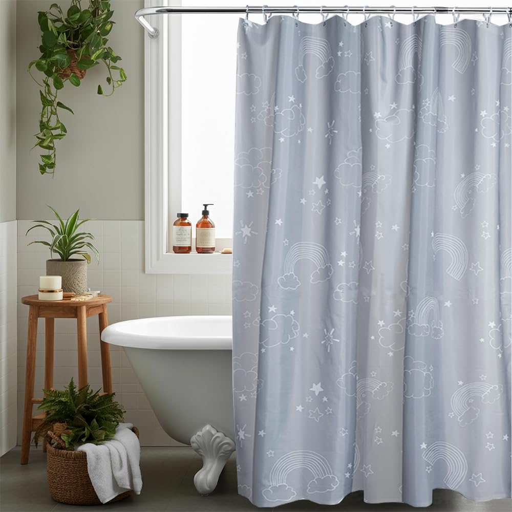 AQUALONA® Premium Shower Curtain, 12 FREE HOOKS INCLUDED - Polyester, Water-repellent Coating, Rustproof Chrome Eyelets - Mildew Resistant and Weighted Hem, 180 x 180 cm (Clouds Grey)