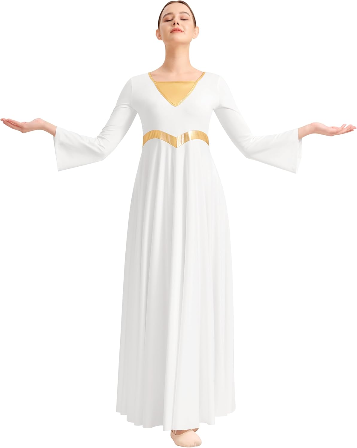 Women Praise Dance Dress Loose Fit Full Length Liturgical Long Sleeve Metallic Block Dress - Image 3