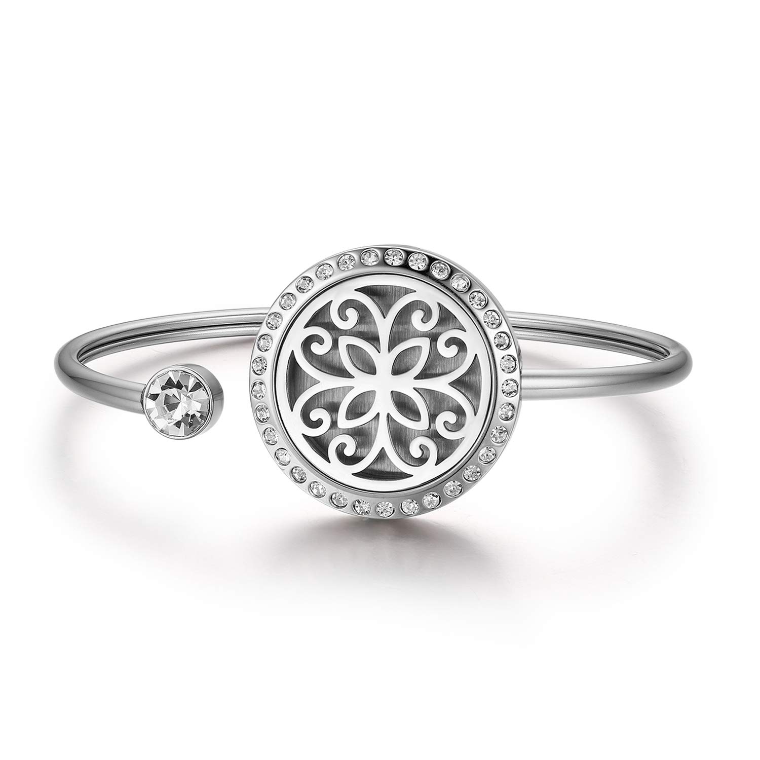 JewelryWeEssential Oil Aromatherapy Diffuser Locket Bracelet,Hollow Flower/Tree of Life Pattern Charm Openable Stainless Steel Bangle for Ladies Women