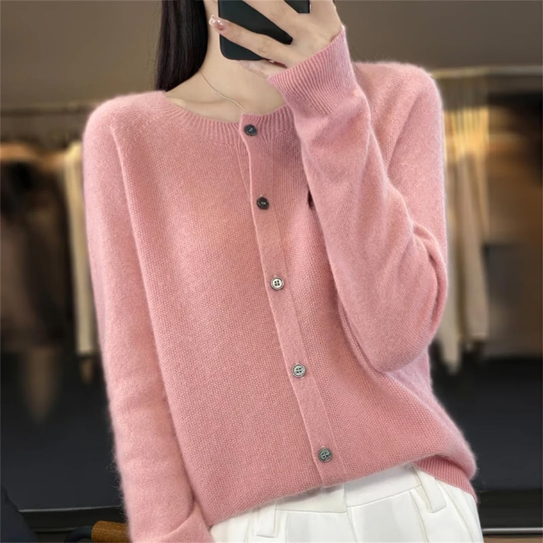Women's Merino Wool Cardigan Long Sleeve Knitted Crew Neck Cardigan Loose Solid Color Sweater