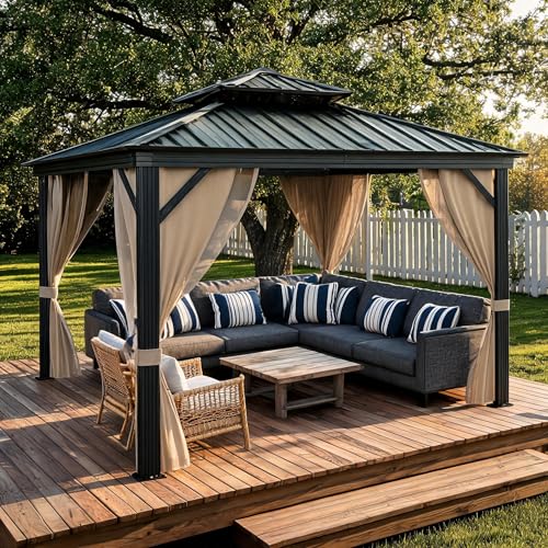 GarveeLife Hardtop Gazebo 12 ft x12 ft for All Weather, with Double Metal Roof, Aluminum Alloy Frame, Net, and Curtain, Permanent Building for Patio, Deck, Backyard, Lawn, and Garden Khaki 1
