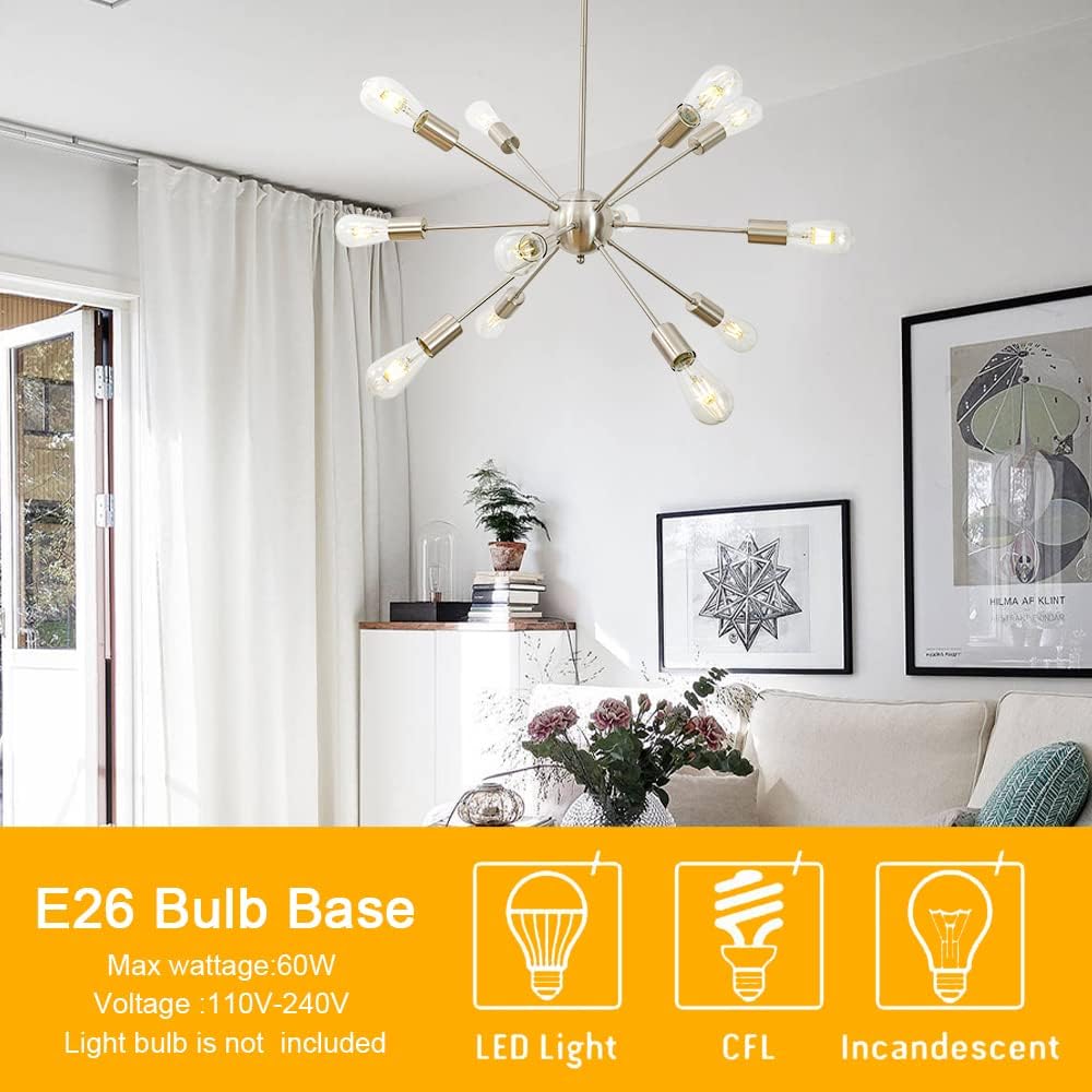 BONLICHT Sputnik Chandelier 12 Lights Brushed Nickel Modern Pendant Lighting Mid Century Flush Mount Ceiling Light Fixture Adjustable Height for Kitchen Dining Room Living Room Bedroom Foyer