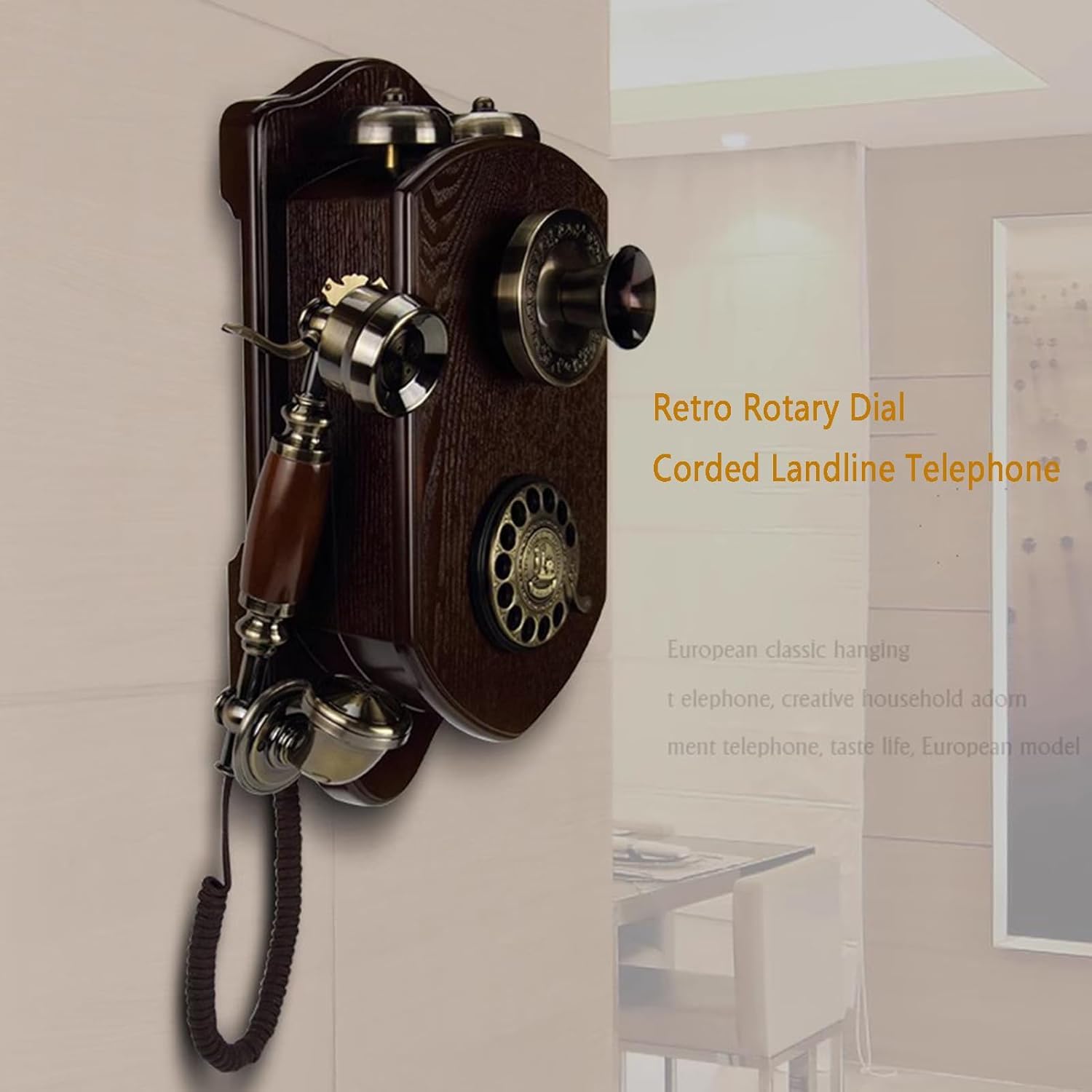 Naścienny telefon vintage – przewodowy design retro z tarczą ze stopu metalu i słuchawką w stylu antycznym do domu, biura, filmu i wystroju vintage