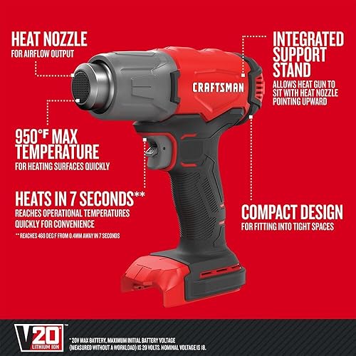 Miniatura 3 de CRAFTSMAN Pistola de calor inalámbrica V20, hasta 950 grados, pistola de calor portátil, solo herramienta (CMCE530B)