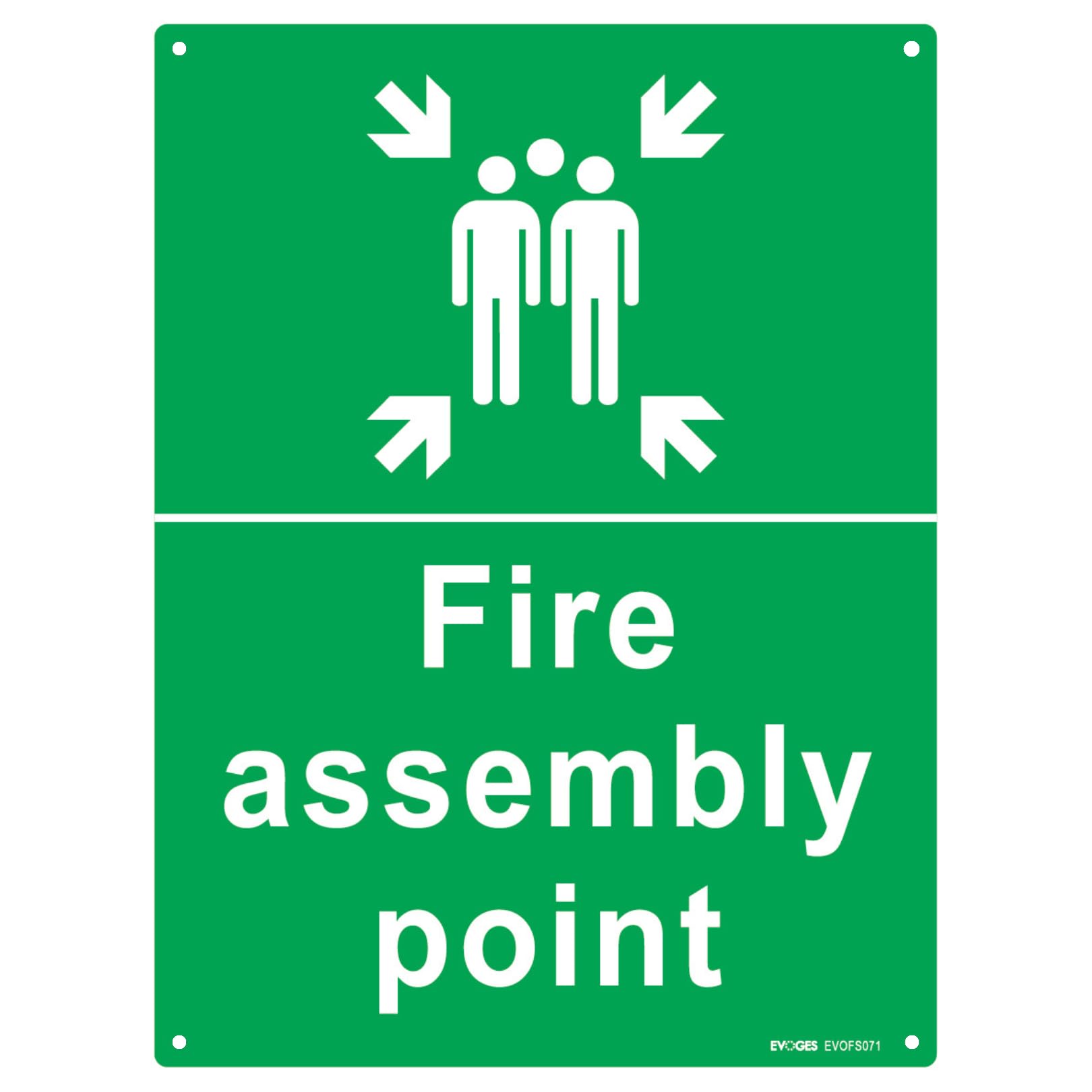 Evoges Fire Assembly Point Sign 400 x 300 x 1mm Rigid Plastic PVC With 4 Pre-Drilled Holes, Green / White, 400mm x 300mm x 1mm