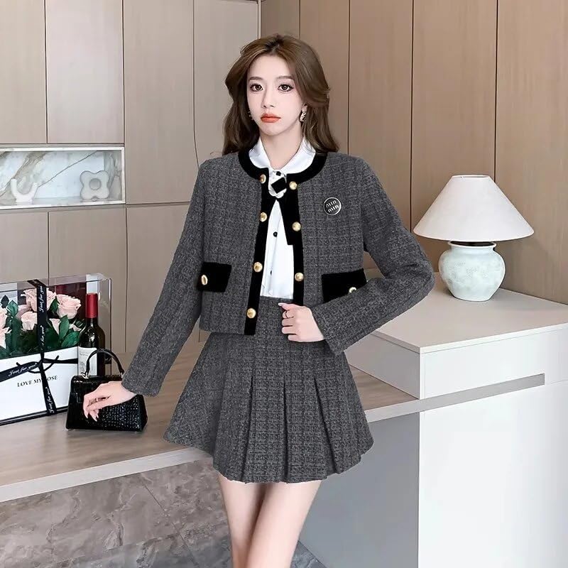 JYHBHMZG Winter Korean Sweet Tweed Two Piece Set Women Short